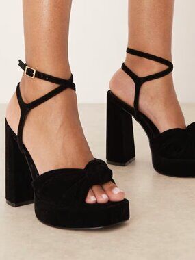 ASOS DESIGN Wide Fit Nutshell knotted platform block heel sandals black velvet